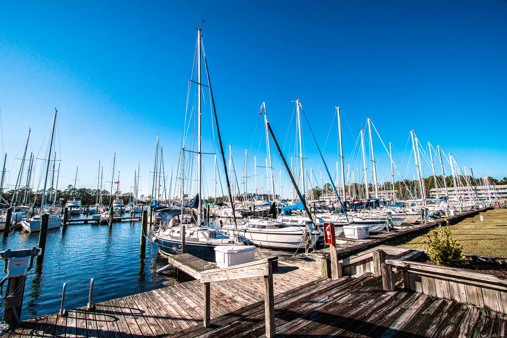 A scenic view of the boat dock at VRI's Waterwood Townhomes in New Bern, North Carolina.